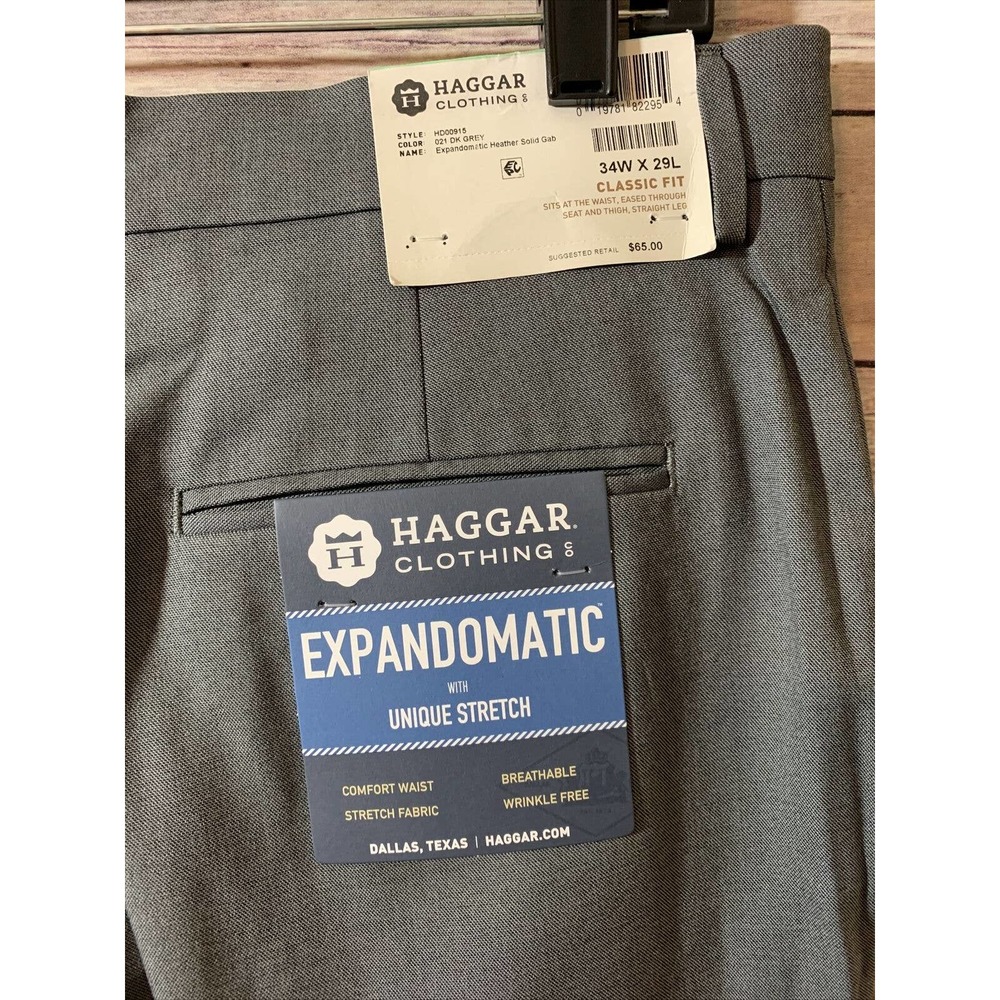 Haggar Expandomatic Stretch Classic-Fit Plain-Front Dress Pant 34 x 29 NEW Grey - Picture 3 of 7